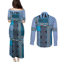Blue Aotearoa Kowhaiwhai Pattern Couples Matching Puletasi and Long Sleeve Button Shirt NZ Maori Quilt Style