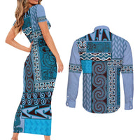 Blue Aotearoa Kowhaiwhai Pattern Couples Matching Short Sleeve Bodycon Dress and Long Sleeve Button Shirt NZ Maori Quilt Style