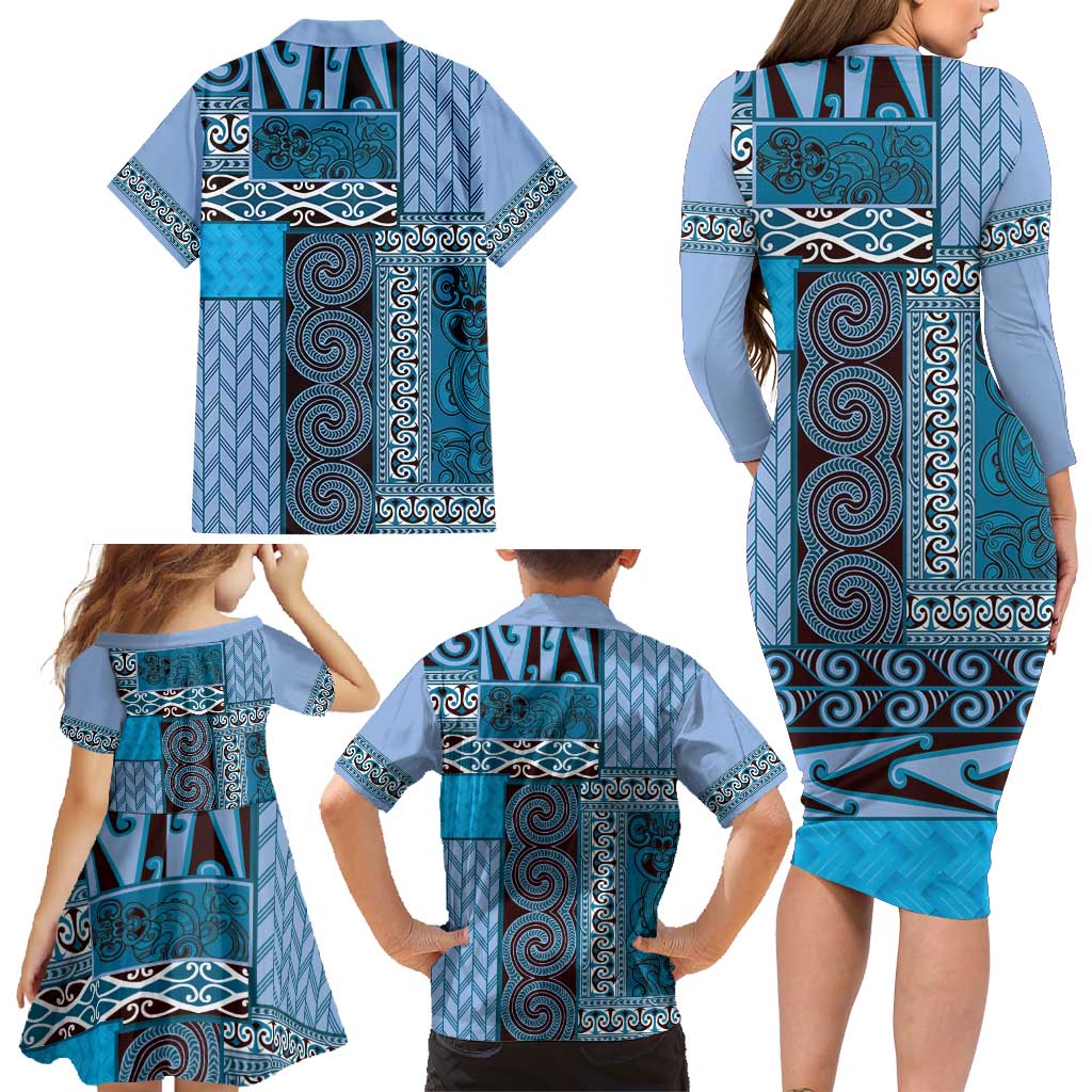 Blue Aotearoa Kowhaiwhai Pattern Family Matching Long Sleeve Bodycon Dress and Hawaiian Shirt NZ Maori Quilt Style