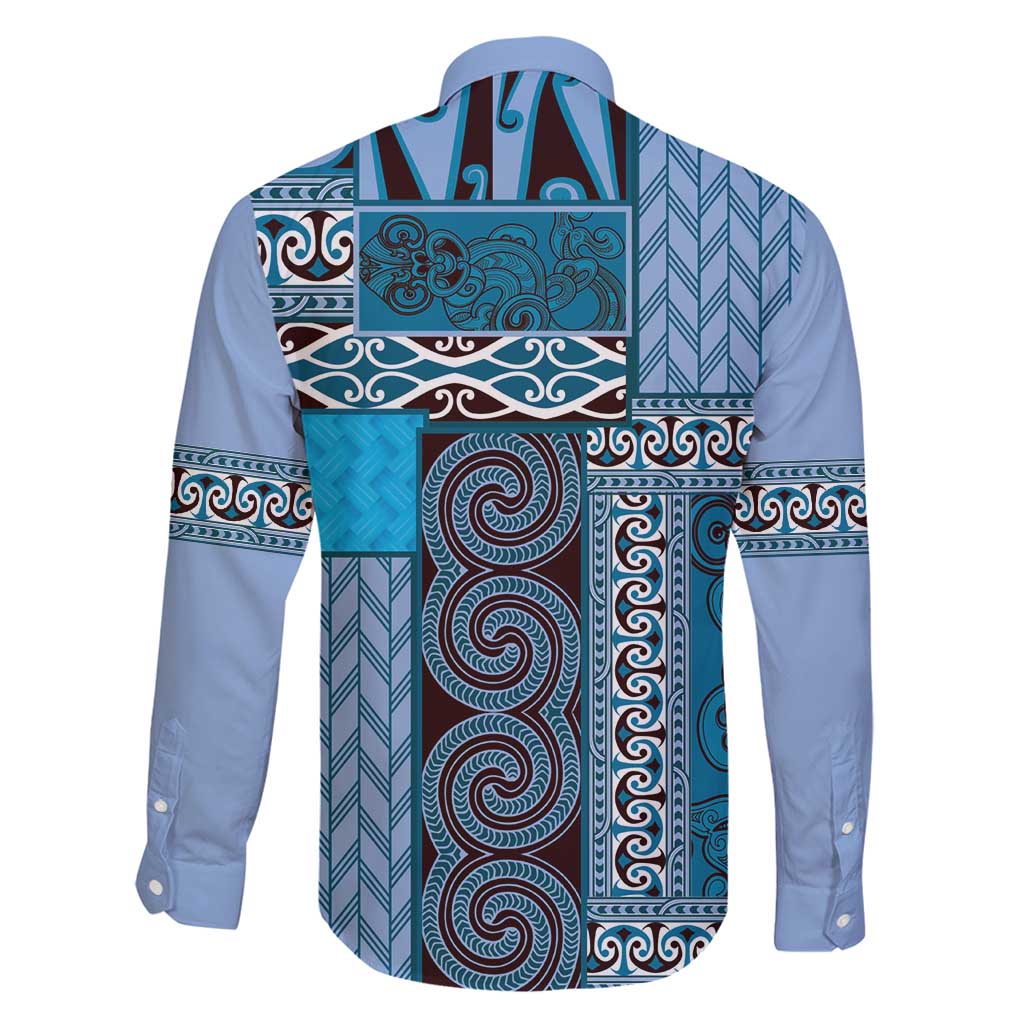 Blue Aotearoa Kowhaiwhai Pattern Family Matching Off Shoulder Maxi Dress and Hawaiian Shirt NZ Maori Quilt Style