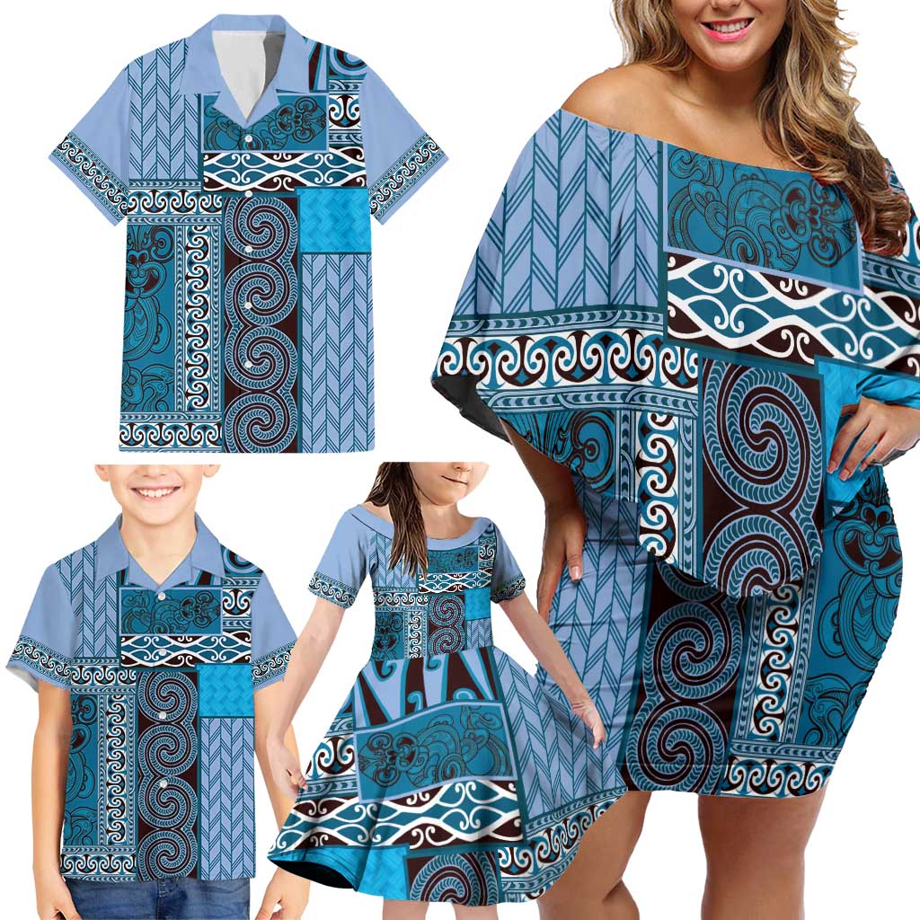 Blue Aotearoa Kowhaiwhai Pattern Family Matching Off Shoulder Short Dress and Hawaiian Shirt NZ Maori Quilt Style