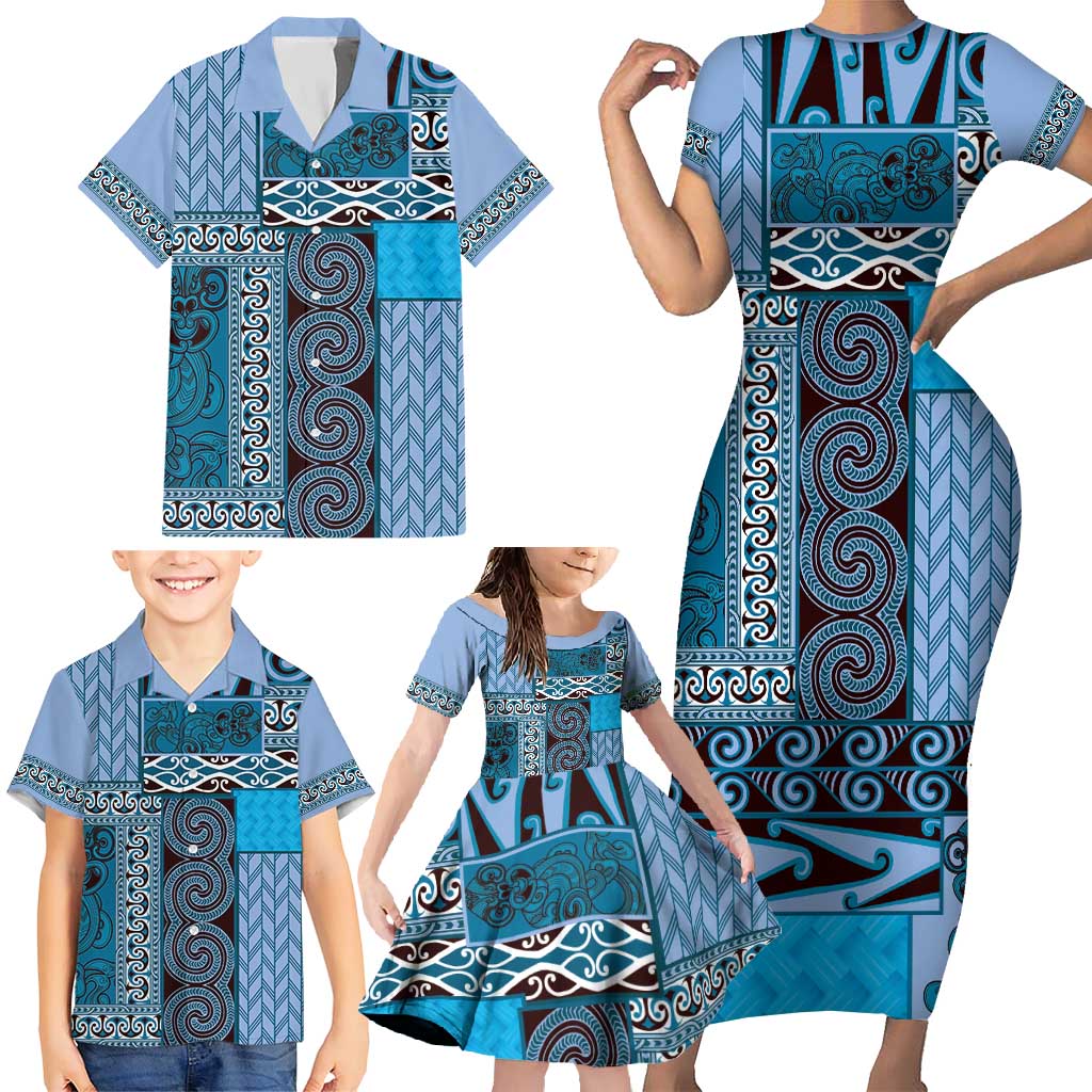 Blue Aotearoa Kowhaiwhai Pattern Family Matching Short Sleeve Bodycon Dress and Hawaiian Shirt NZ Maori Quilt Style