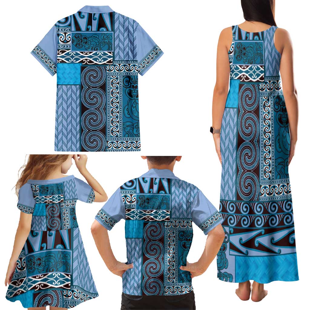 Blue Aotearoa Kowhaiwhai Pattern Family Matching Tank Maxi Dress and Hawaiian Shirt NZ Maori Quilt Style