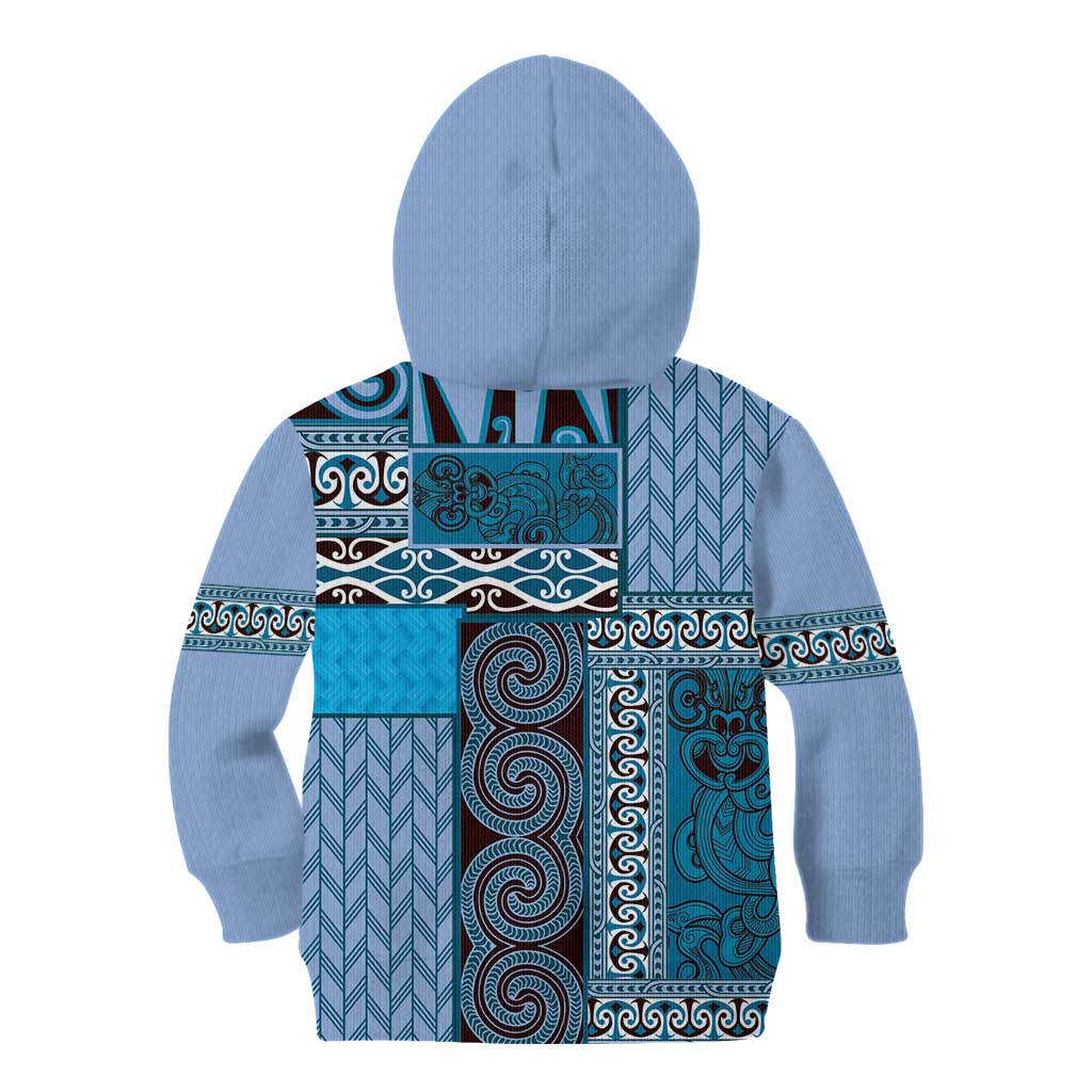 Blue Aotearoa Kowhaiwhai Pattern Kid Hoodie NZ Maori Quilt Style