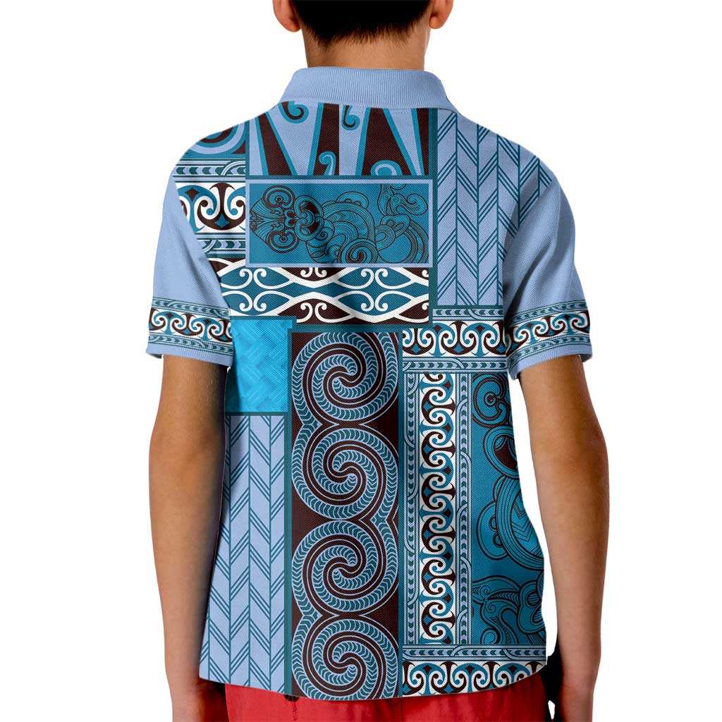 Blue Aotearoa Kowhaiwhai Pattern Kid Polo Shirt NZ Maori Quilt Style