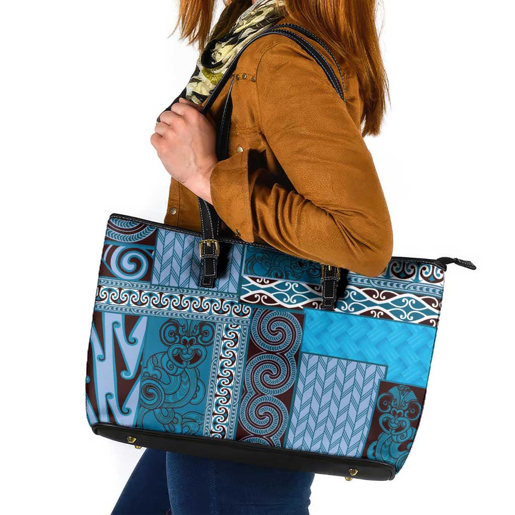 Blue Aotearoa Kowhaiwhai Pattern Leather Tote Bag NZ Maori Quilt Style