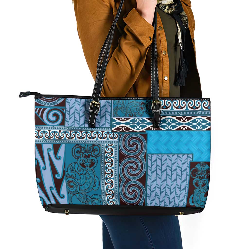 Blue Aotearoa Kowhaiwhai Pattern Leather Tote Bag NZ Maori Quilt Style
