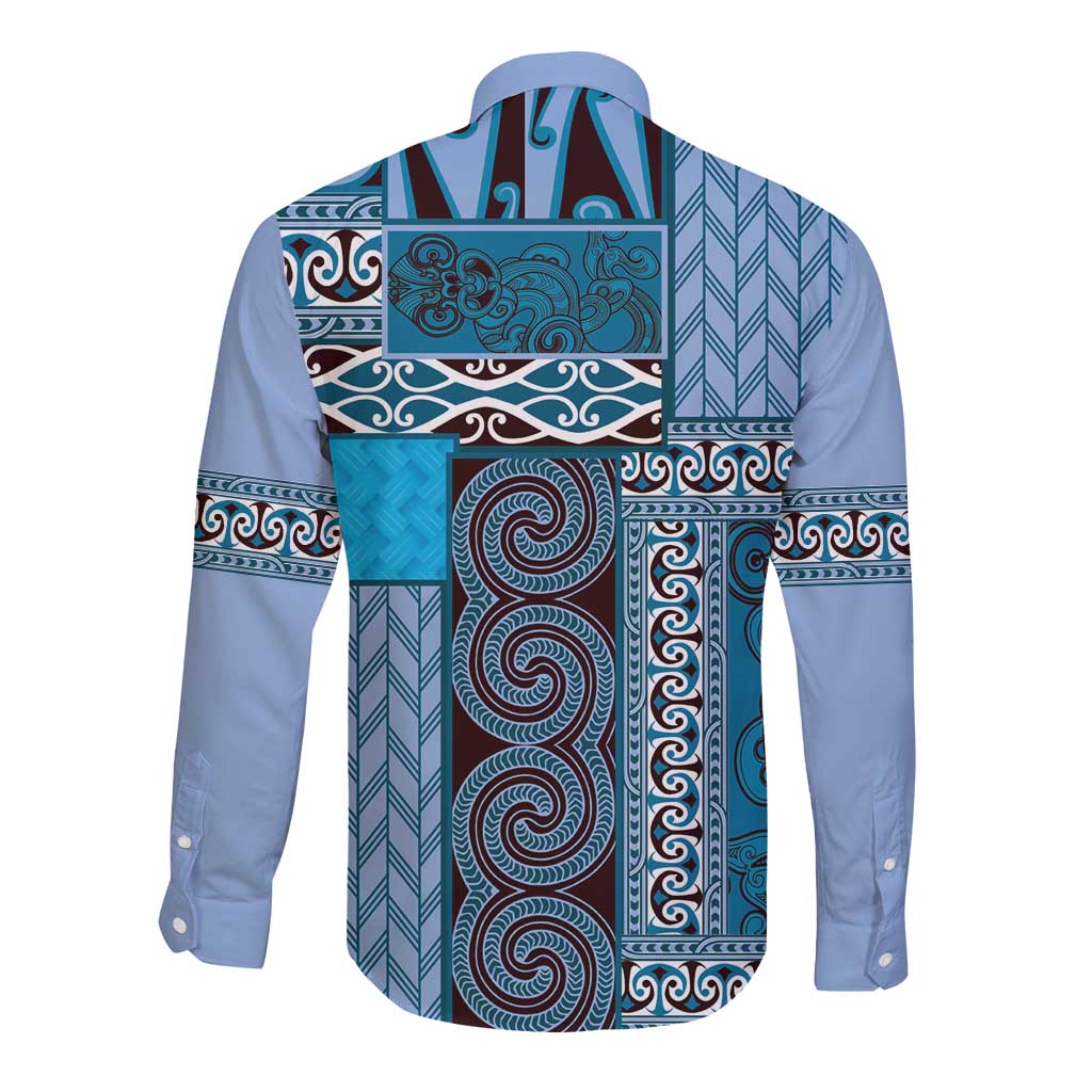 Blue Aotearoa Kowhaiwhai Pattern Long Sleeve Button Shirt NZ Maori Quilt Style