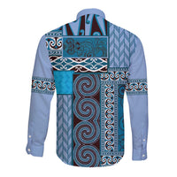Blue Aotearoa Kowhaiwhai Pattern Long Sleeve Button Shirt NZ Maori Quilt Style
