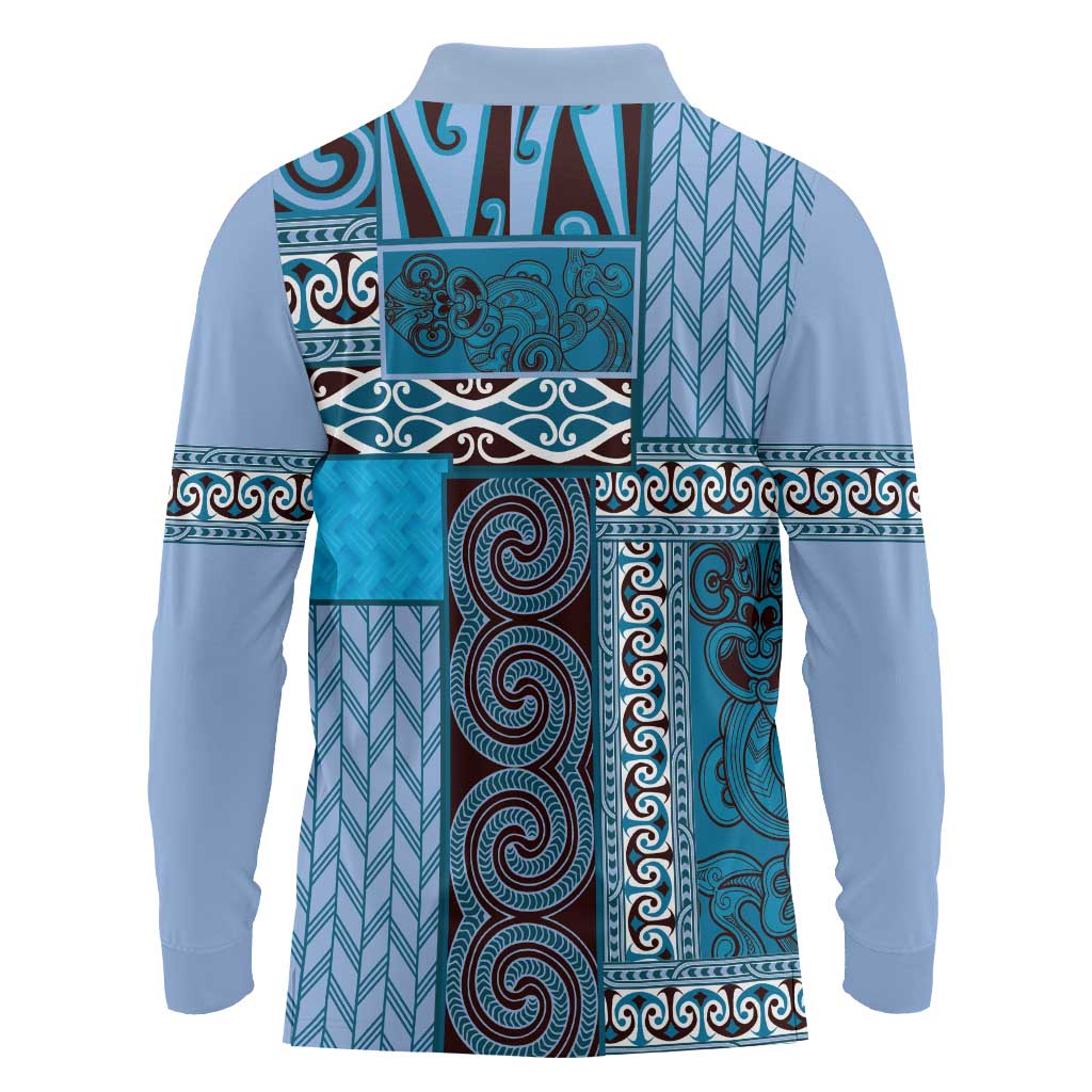 Blue Aotearoa Kowhaiwhai Pattern Long Sleeve Polo Shirt NZ Maori Quilt Style