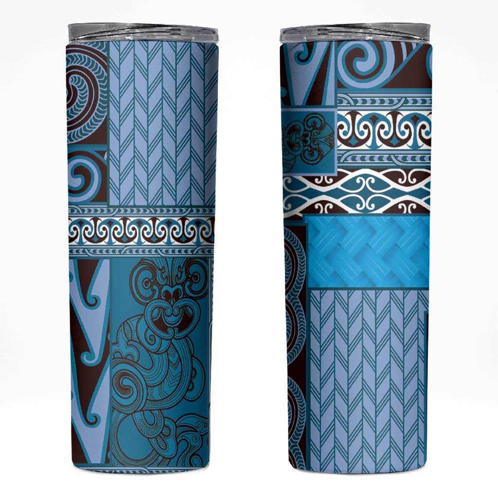 Blue Aotearoa Kowhaiwhai Pattern Skinny Tumbler NZ Maori Quilt Style