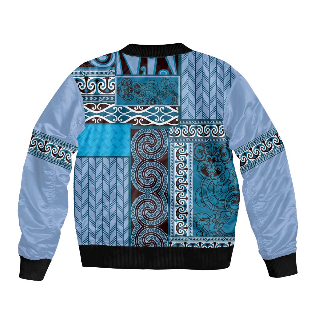 Blue Aotearoa Kowhaiwhai Pattern Sleeve Zip Bomber Jacket NZ Maori Quilt Style