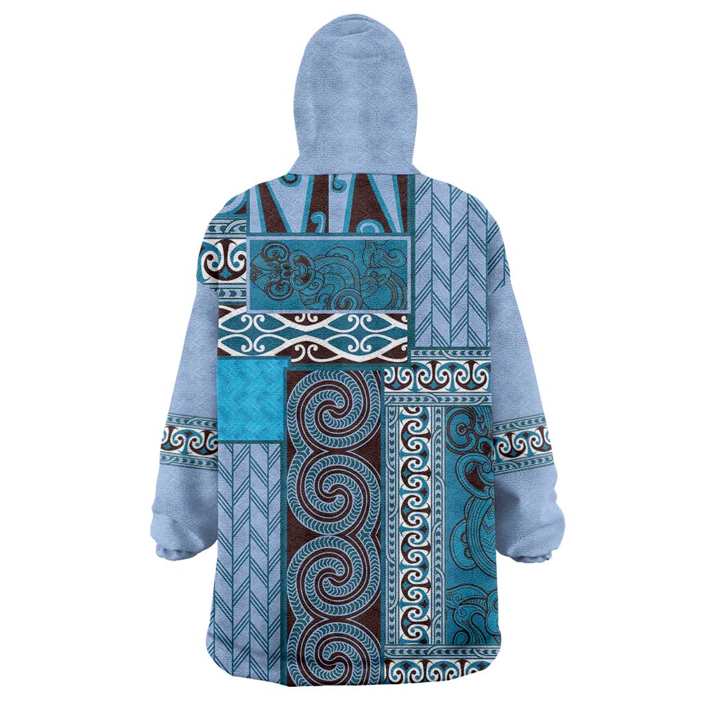 Blue Aotearoa Kowhaiwhai Pattern Wearable Blanket Hoodie NZ Maori Quilt Style