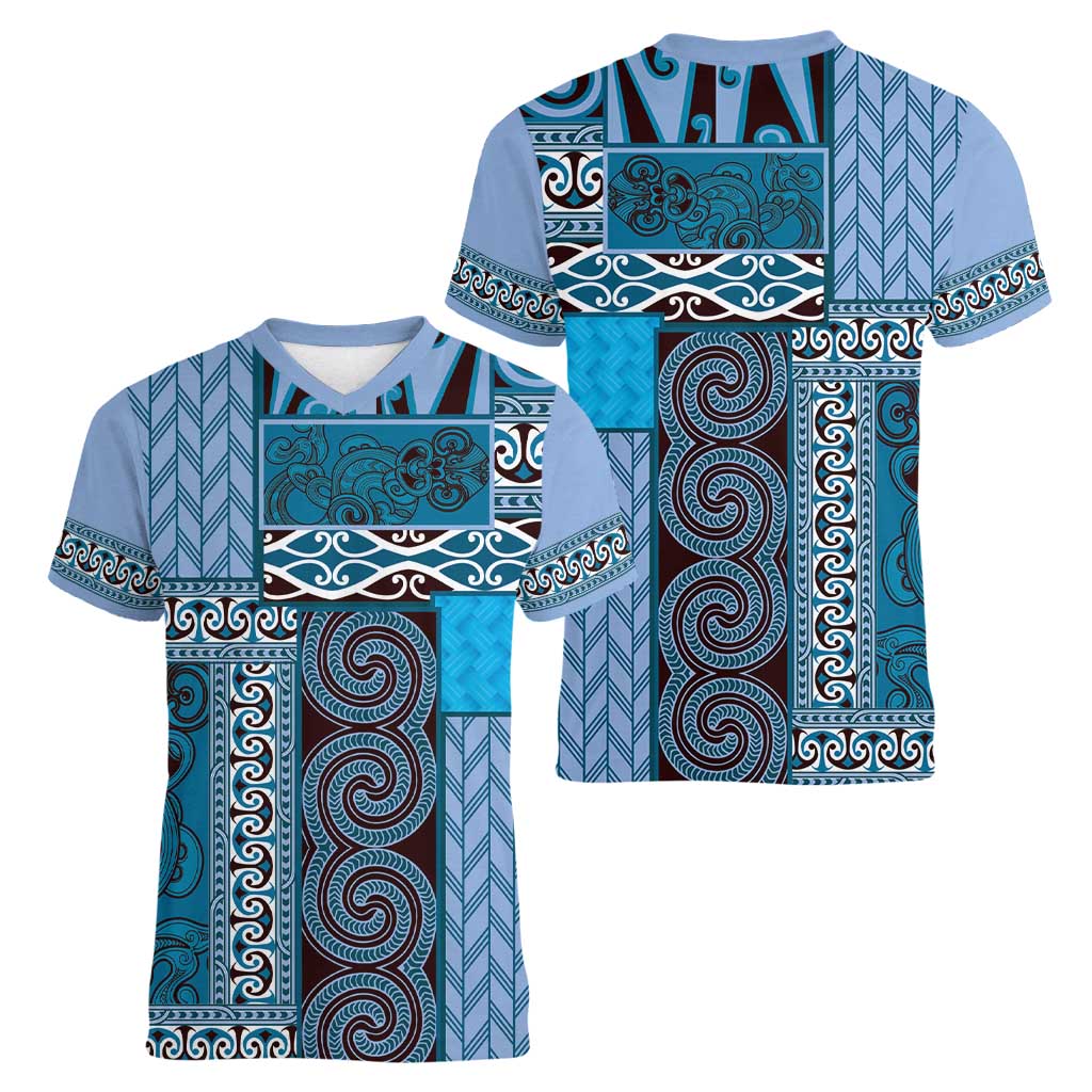 Blue Aotearoa Kowhaiwhai Pattern Women V-Neck T-Shirt NZ Maori Quilt Style