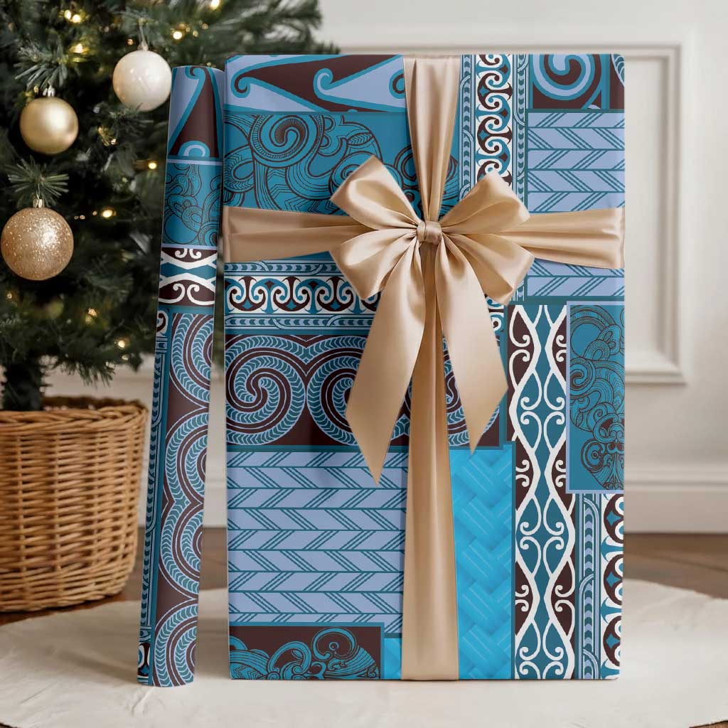Blue Aotearoa Kowhaiwhai Pattern Wrapping Paper NZ Maori Quilt Style - Polynesian Pride