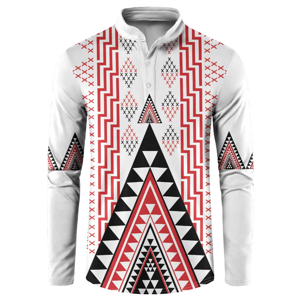 Aotearoa Taniko Button Sweatshirt Niho Taniwha Purapura Whetu Mix Poutama LT14 White - Polynesian Pride