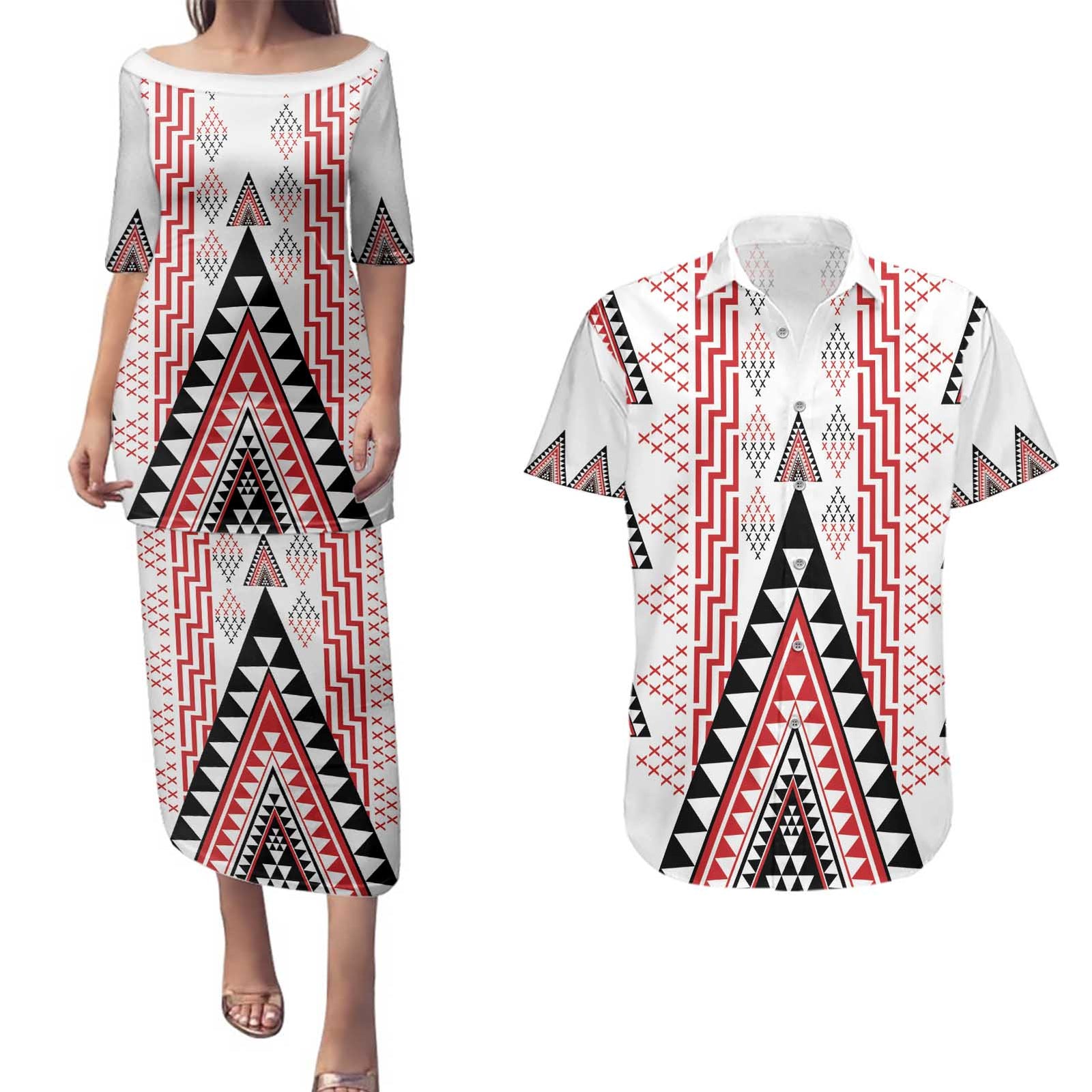 Aotearoa Taniko Couples Matching Puletasi and Hawaiian Shirt Niho Taniwha Purapura Whetu Mix Poutama LT14 White - Polynesian Pride