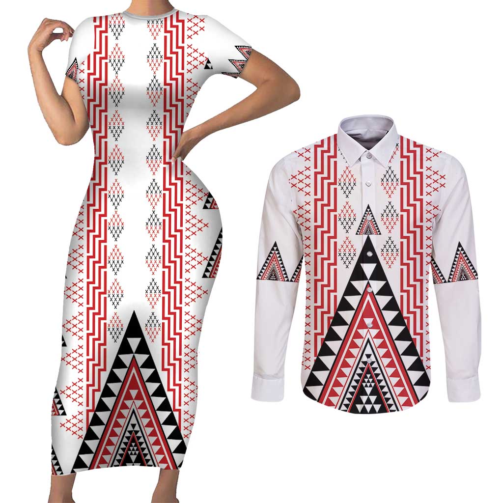 Aotearoa Taniko Couples Matching Short Sleeve Bodycon Dress and Long Sleeve Button Shirt Niho Taniwha Purapura Whetu Mix Poutama LT14 White - Polynesian Pride