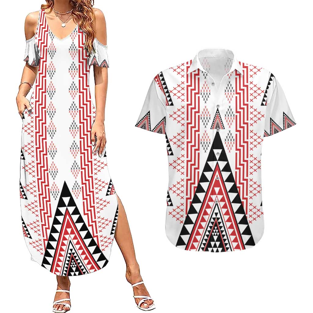 Aotearoa Taniko Couples Matching Summer Maxi Dress and Hawaiian Shirt Niho Taniwha Purapura Whetu Mix Poutama LT14 White - Polynesian Pride