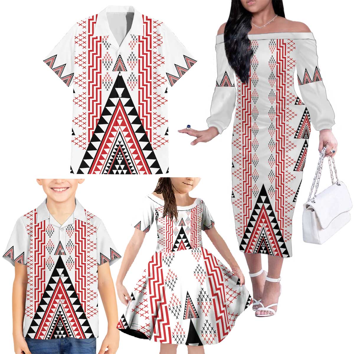 Aotearoa Taniko Family Matching Off The Shoulder Long Sleeve Dress and Hawaiian Shirt Niho Taniwha Purapura Whetu Mix Poutama