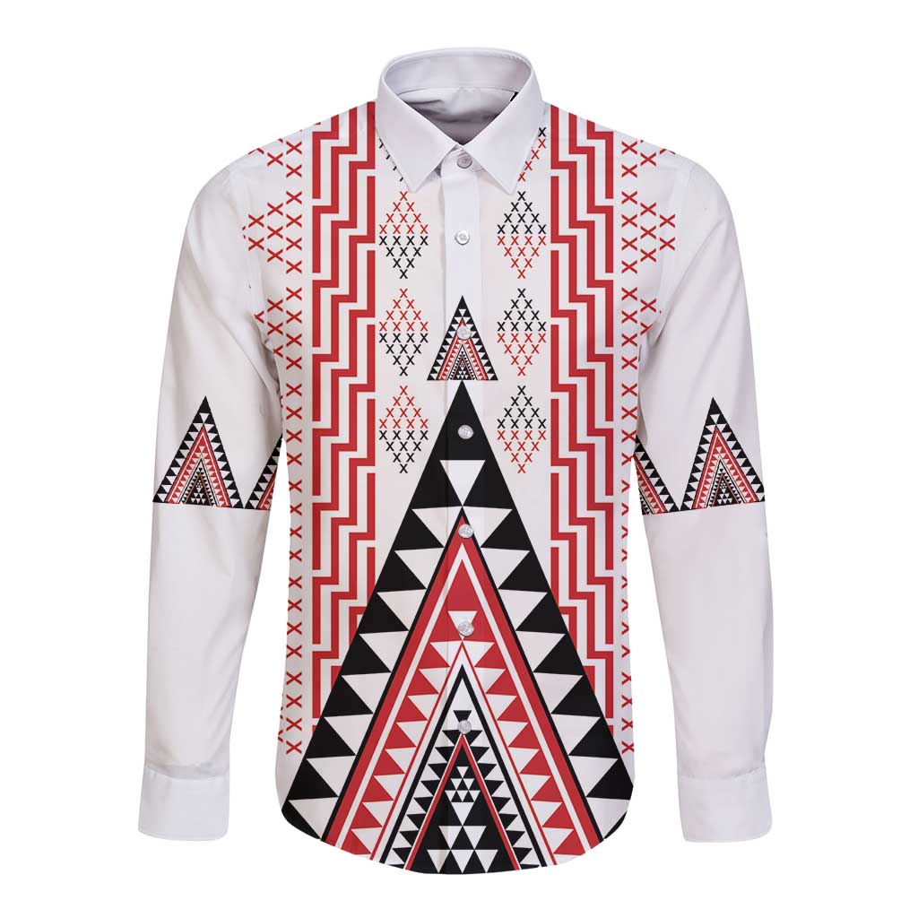 Aotearoa Taniko Long Sleeve Button Shirt Niho Taniwha Purapura Whetu Mix Poutama LT14 Unisex White - Polynesian Pride