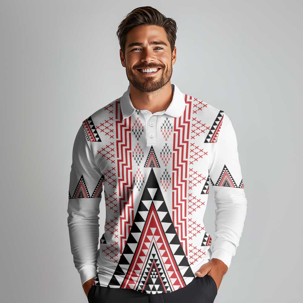Aotearoa Taniko Long Sleeve Polo Shirt Niho Taniwha Purapura Whetu Mix Poutama