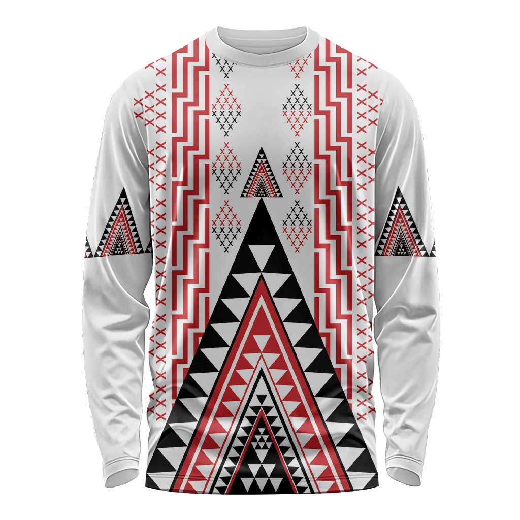 Aotearoa Taniko Long Sleeve Shirt Niho Taniwha Purapura Whetu Mix Poutama LT14 Unisex White - Polynesian Pride
