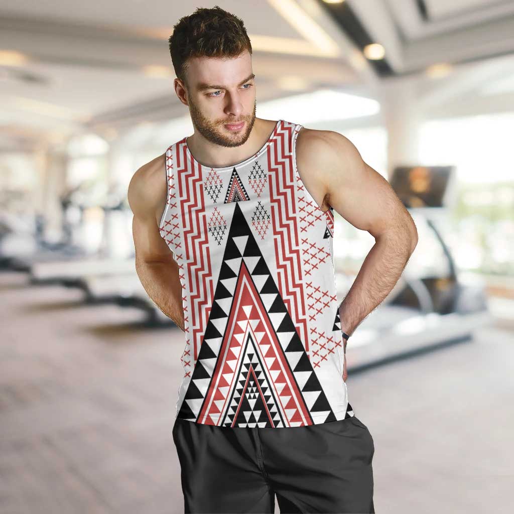 Aotearoa Taniko Men Tank Top Niho Taniwha Purapura Whetu Mix Poutama LT14 White - Polynesian Pride