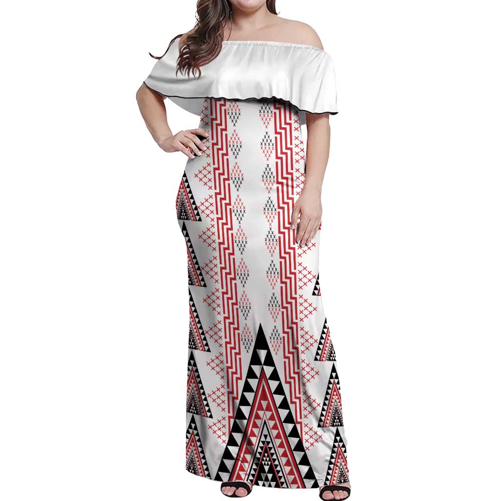 Aotearoa Taniko Off Shoulder Maxi Dress Niho Taniwha Purapura Whetu Mix Poutama LT14 Women White - Polynesian Pride