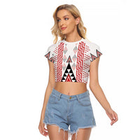 Aotearoa Taniko Raglan Cropped T Shirt Niho Taniwha Purapura Whetu Mix Poutama LT14 Female White - Polynesian Pride