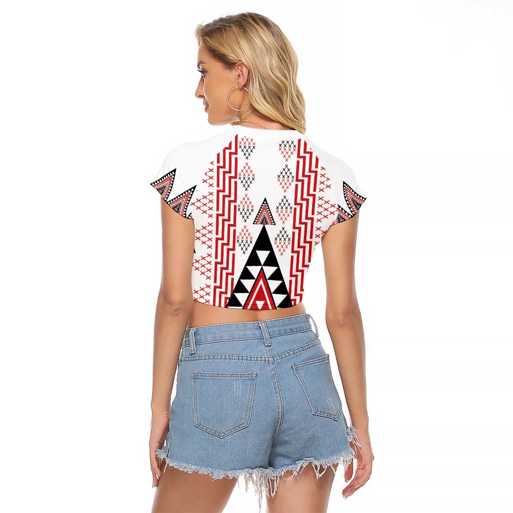 Aotearoa Taniko Raglan Cropped T Shirt Niho Taniwha Purapura Whetu Mix Poutama LT14 - Polynesian Pride
