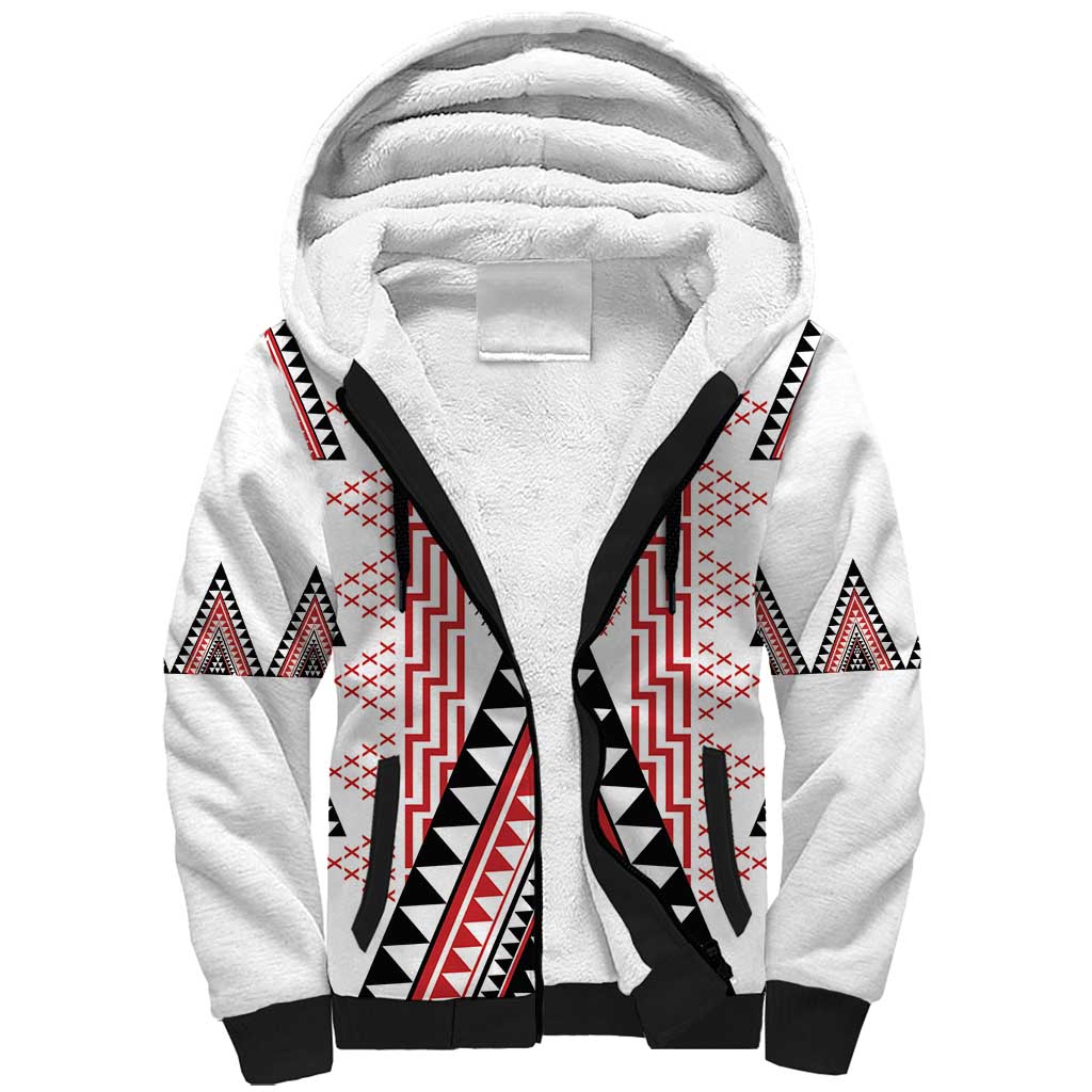 Aotearoa Taniko Sherpa Hoodie Niho Taniwha Purapura Whetu Mix Poutama LT14 Unisex White - Polynesian Pride