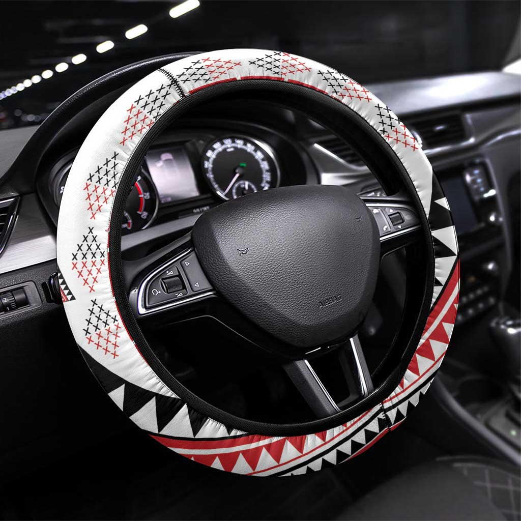 Aotearoa Taniko Steering Wheel Cover Niho Taniwha Purapura Whetu Mix Poutama LT14 Universal Fit White - Polynesian Pride