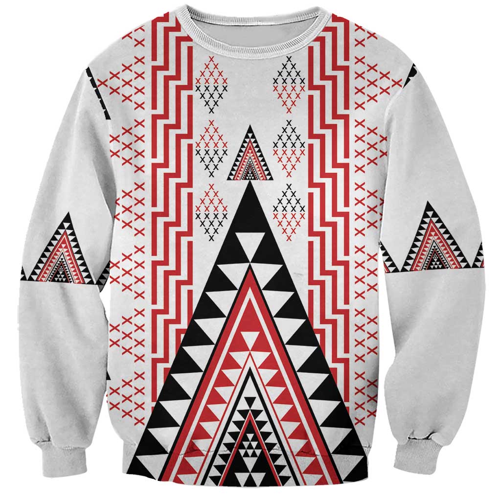 Aotearoa Taniko Sweatshirt Niho Taniwha Purapura Whetu Mix Poutama LT14 Unisex White - Polynesian Pride