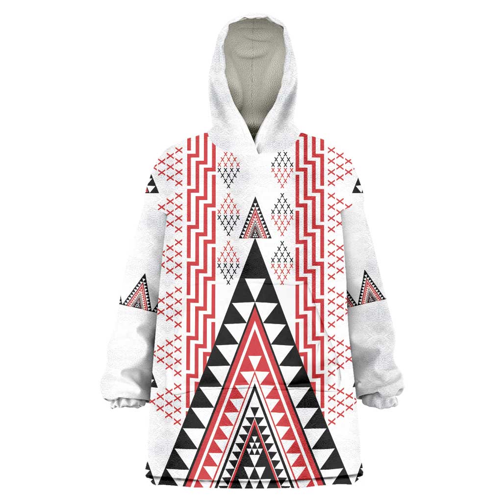 Aotearoa Taniko Wearable Blanket Hoodie Niho Taniwha Purapura Whetu Mix Poutama LT14 One Size White - Polynesian Pride