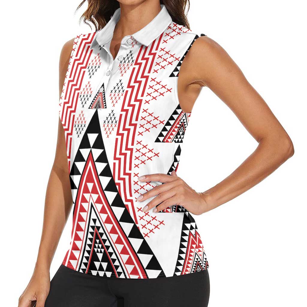 Aotearoa Taniko Women Sleeveless Polo Shirt Niho Taniwha Purapura Whetu Mix Poutama
