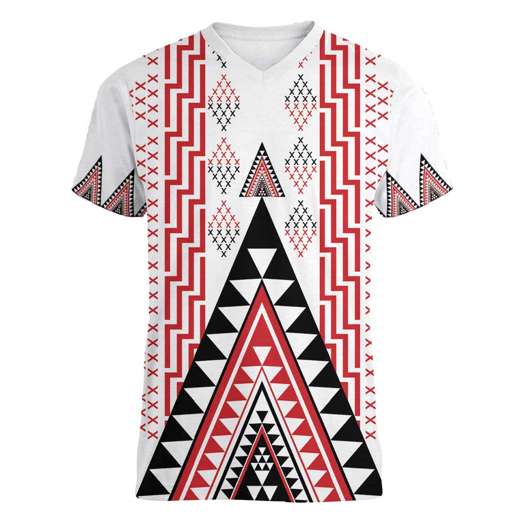 Aotearoa Taniko Women V-Neck T-Shirt Niho Taniwha Purapura Whetu Mix Poutama LT14 Female White - Polynesian Pride
