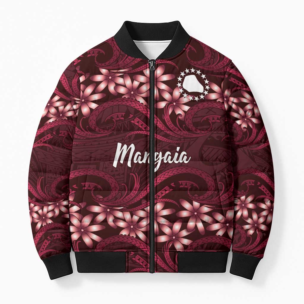 Personalised Cook Islands Mangaia Bomber Puffer Jacket Tiare Maori Polynesian Waves Tattoo