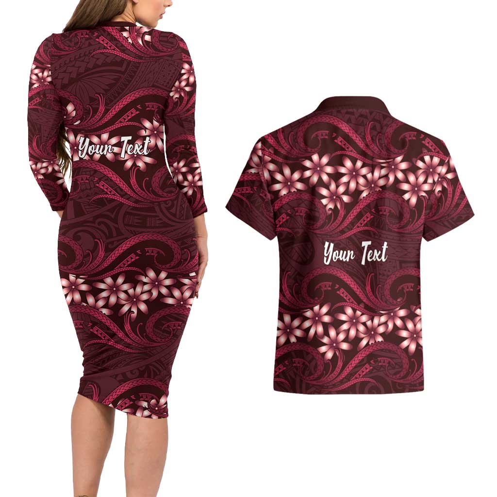 Personalised Cook Islands Mangaia Couples Matching Long Sleeve Bodycon Dress and Hawaiian Shirt Tiare Maori Polynesian Waves Tattoo