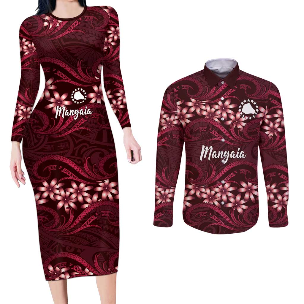 Personalised Cook Islands Mangaia Couples Matching Long Sleeve Bodycon Dress and Long Sleeve Button Shirt Tiare Maori Polynesian Waves Tattoo