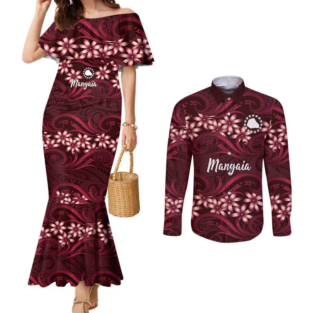 Personalised Cook Islands Mangaia Couples Matching Mermaid Dress and Long Sleeve Button Shirt Tiare Maori Polynesian Waves Tattoo LT14 Burgundy - Polynesian Pride