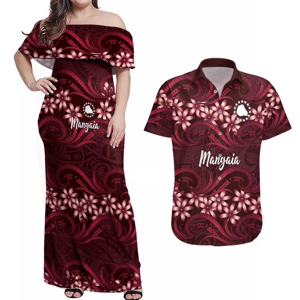 Personalised Cook Islands Mangaia Couples Matching Off Shoulder Maxi Dress and Hawaiian Shirt Tiare Maori Polynesian Waves Tattoo LT14 Burgundy - Polynesian Pride
