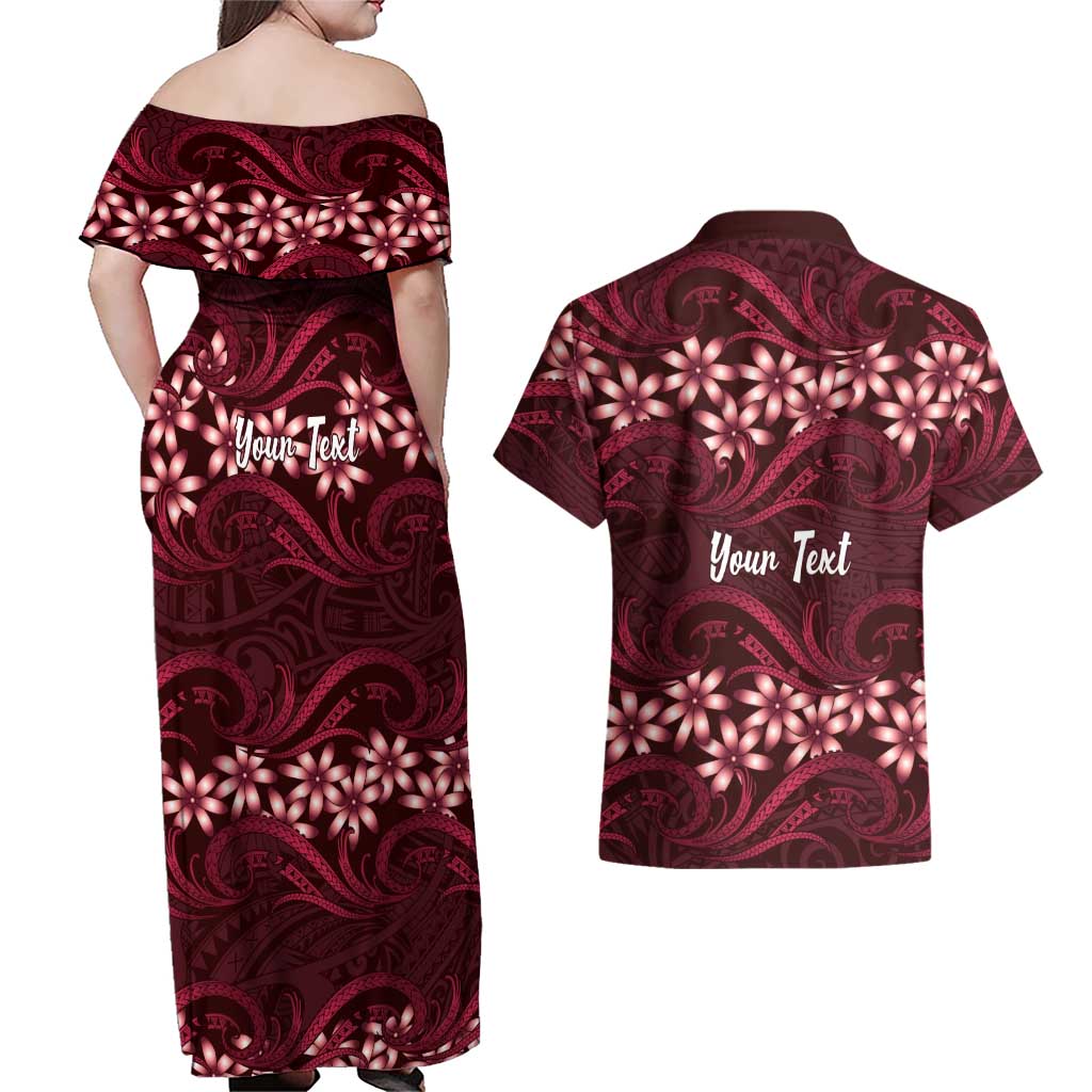 Personalised Cook Islands Mangaia Couples Matching Off Shoulder Maxi Dress and Hawaiian Shirt Tiare Maori Polynesian Waves Tattoo