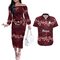 Personalised Cook Islands Mangaia Couples Matching Off The Shoulder Long Sleeve Dress and Hawaiian Shirt Tiare Maori Polynesian Waves Tattoo