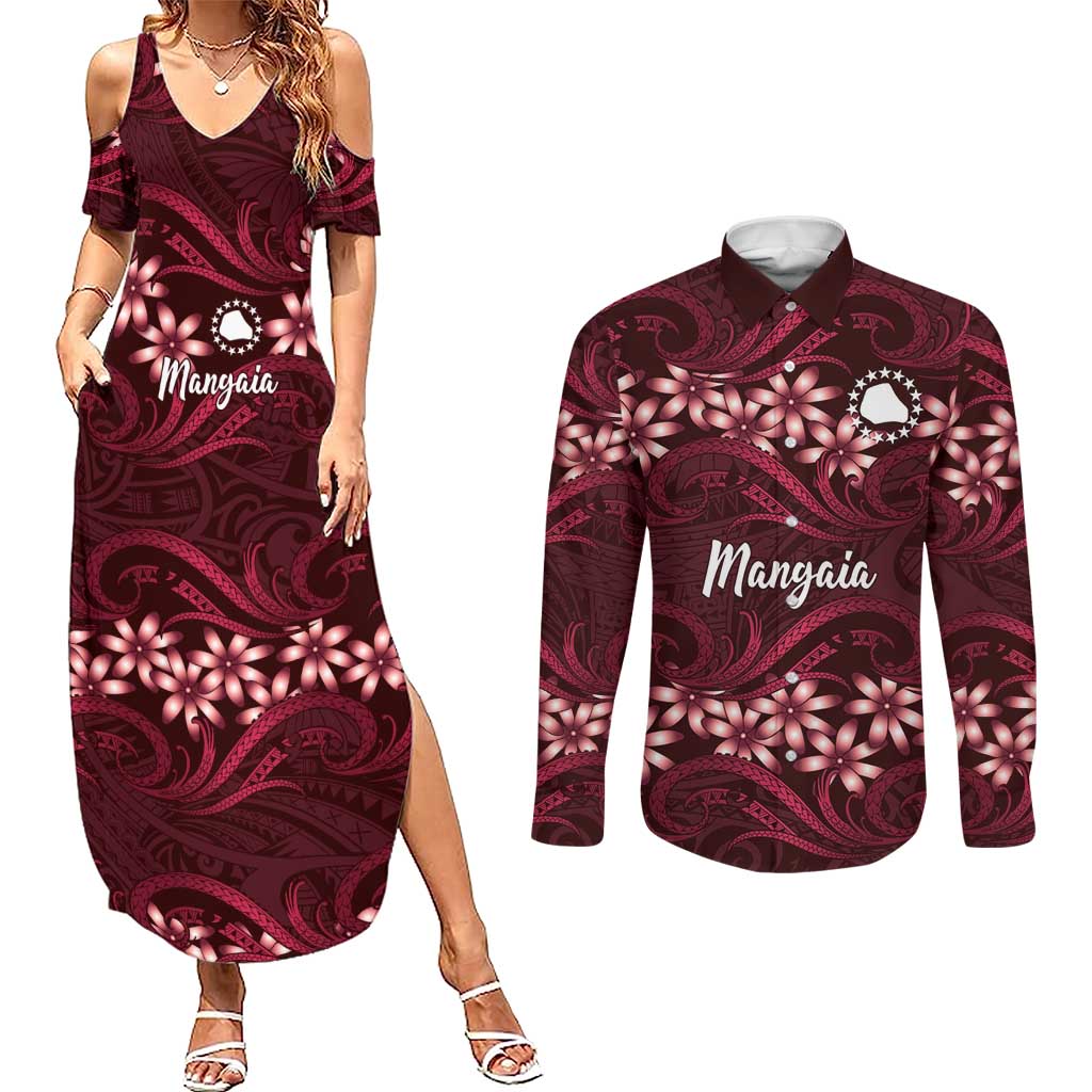 Personalised Cook Islands Mangaia Couples Matching Summer Maxi Dress and Long Sleeve Button Shirt Tiare Maori Polynesian Waves Tattoo LT14 Burgundy - Polynesian Pride