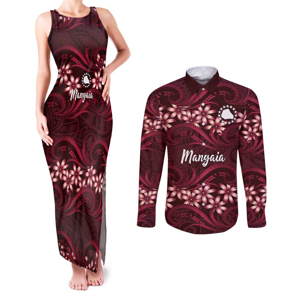 Personalised Cook Islands Mangaia Couples Matching Tank Maxi Dress and Long Sleeve Button Shirt Tiare Maori Polynesian Waves Tattoo LT14 Burgundy - Polynesian Pride