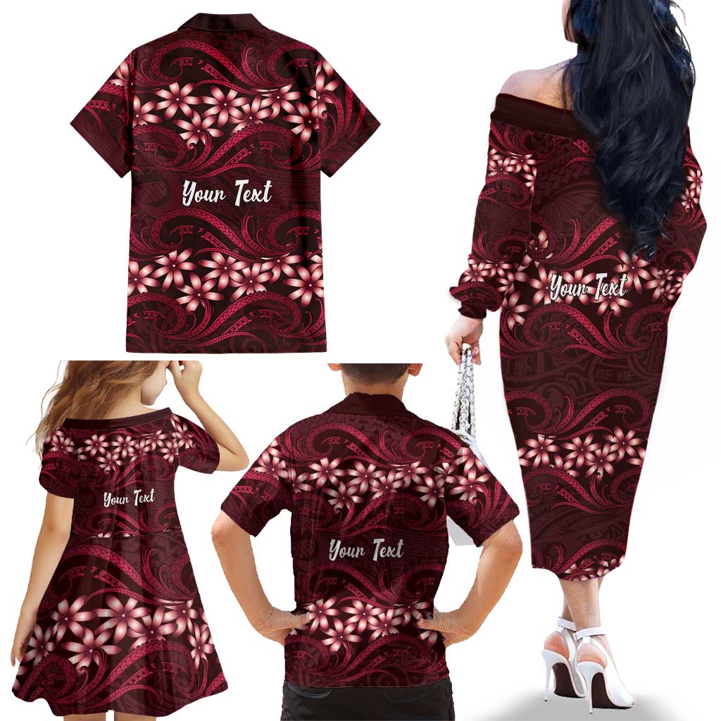 Personalised Cook Islands Mangaia Family Matching Off The Shoulder Long Sleeve Dress and Hawaiian Shirt Tiare Maori Polynesian Waves Tattoo