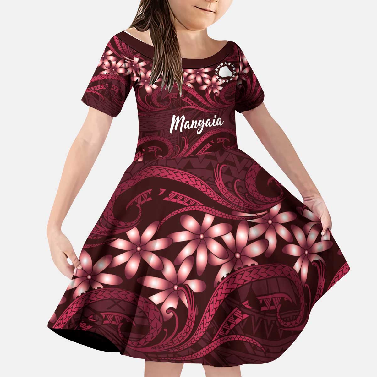 Personalised Cook Islands Mangaia Kid Short Sleeve Dress Tiare Maori Polynesian Waves Tattoo LT14 KID Burgundy - Polynesian Pride