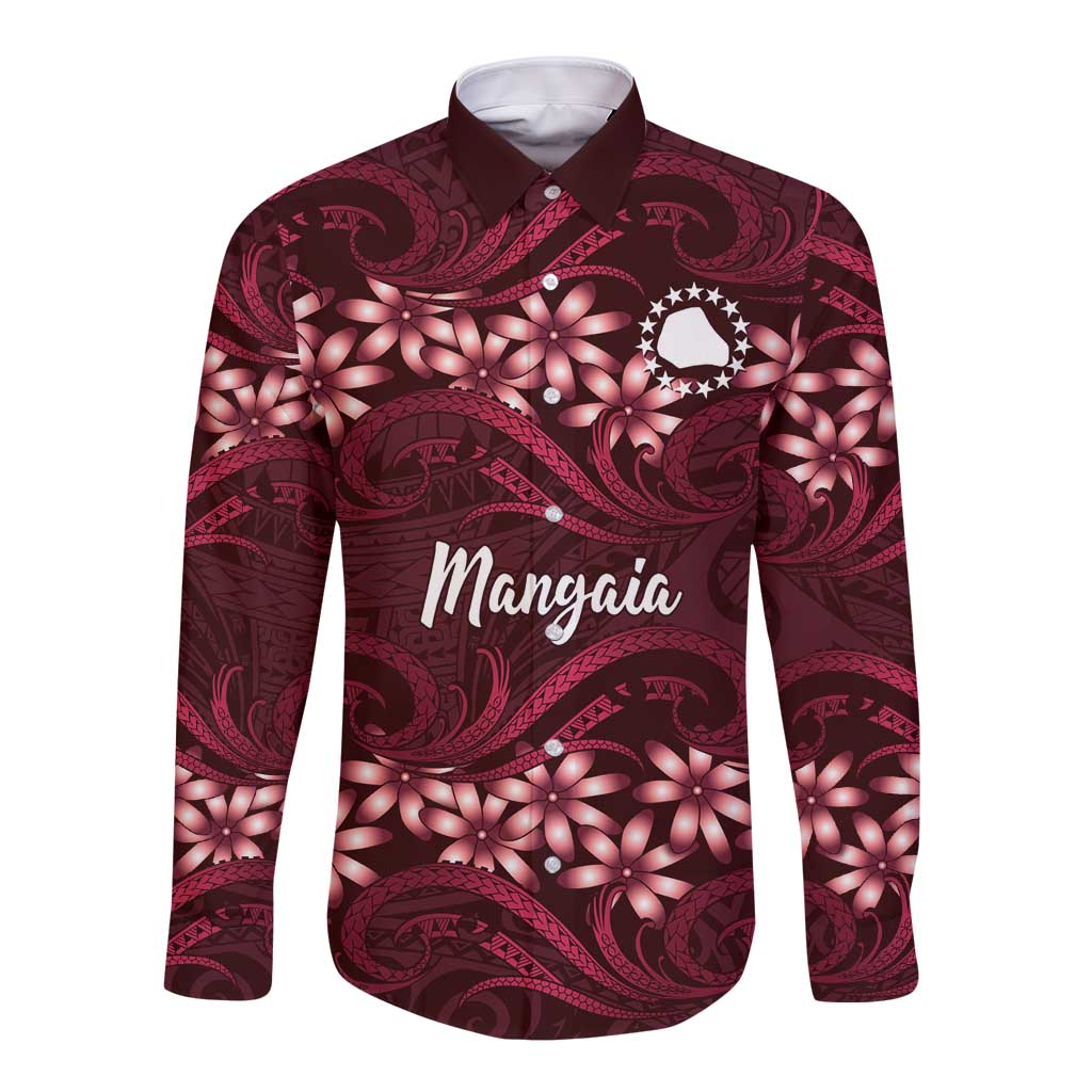 Personalised Cook Islands Mangaia Long Sleeve Button Shirt Tiare Maori Polynesian Waves Tattoo LT14 Unisex Burgundy - Polynesian Pride