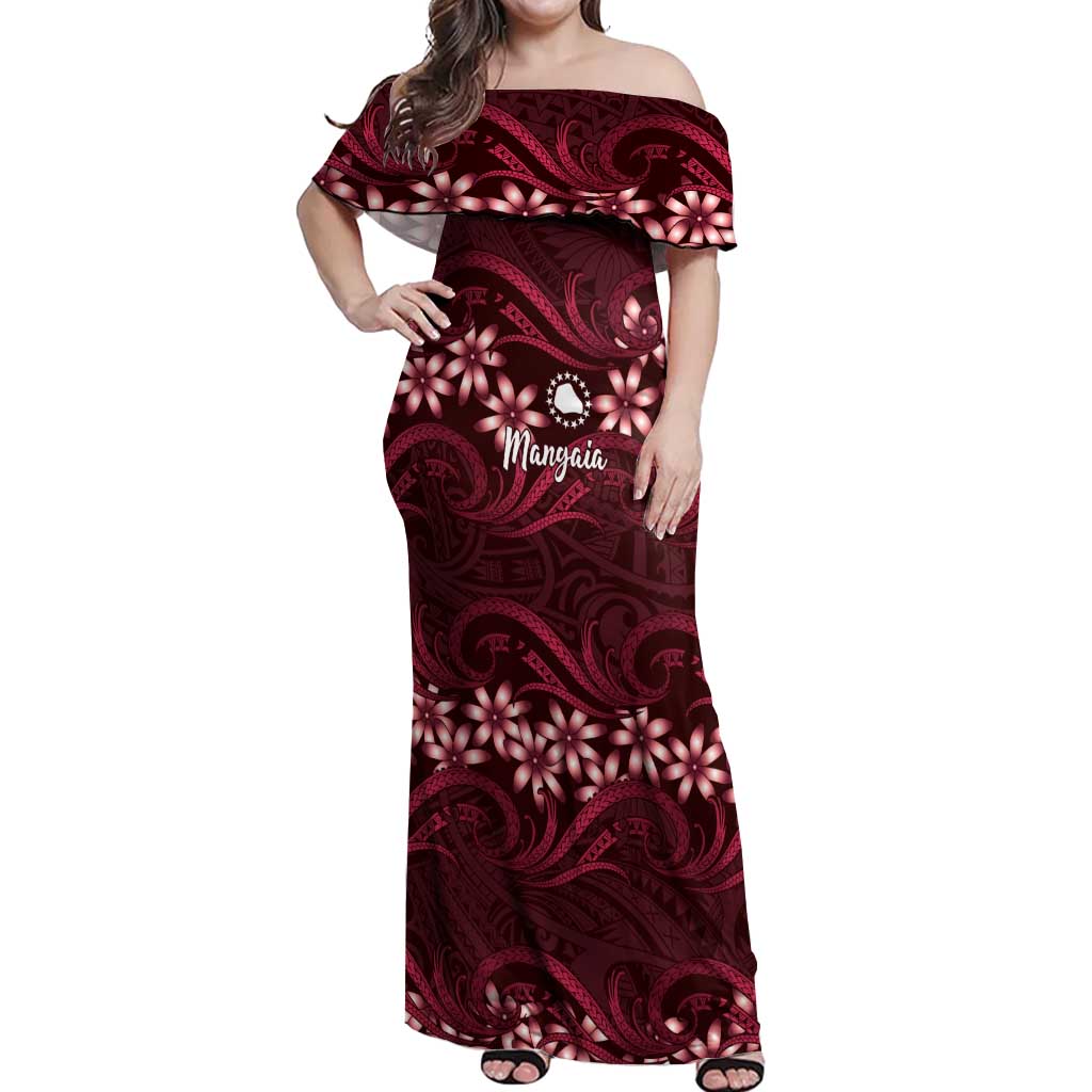 Personalised Cook Islands Mangaia Off Shoulder Maxi Dress Tiare Maori Polynesian Waves Tattoo LT14 Women Burgundy - Polynesian Pride